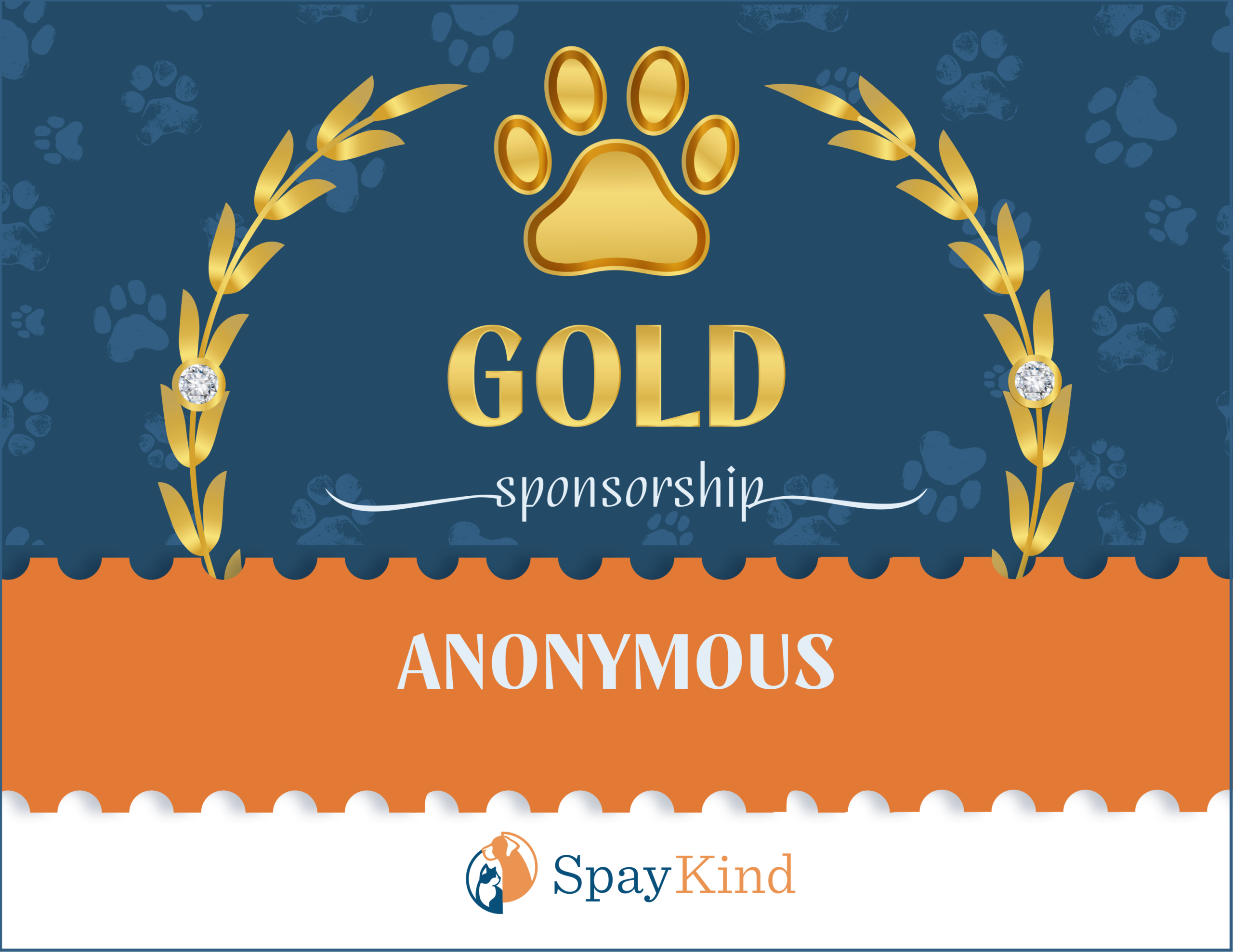 Blue sponsorship banner with a gold paw print emblem, laurel wreaths, and the word GOLD, indicating a Gold sponsorship level for SpayKind; paw-print background.