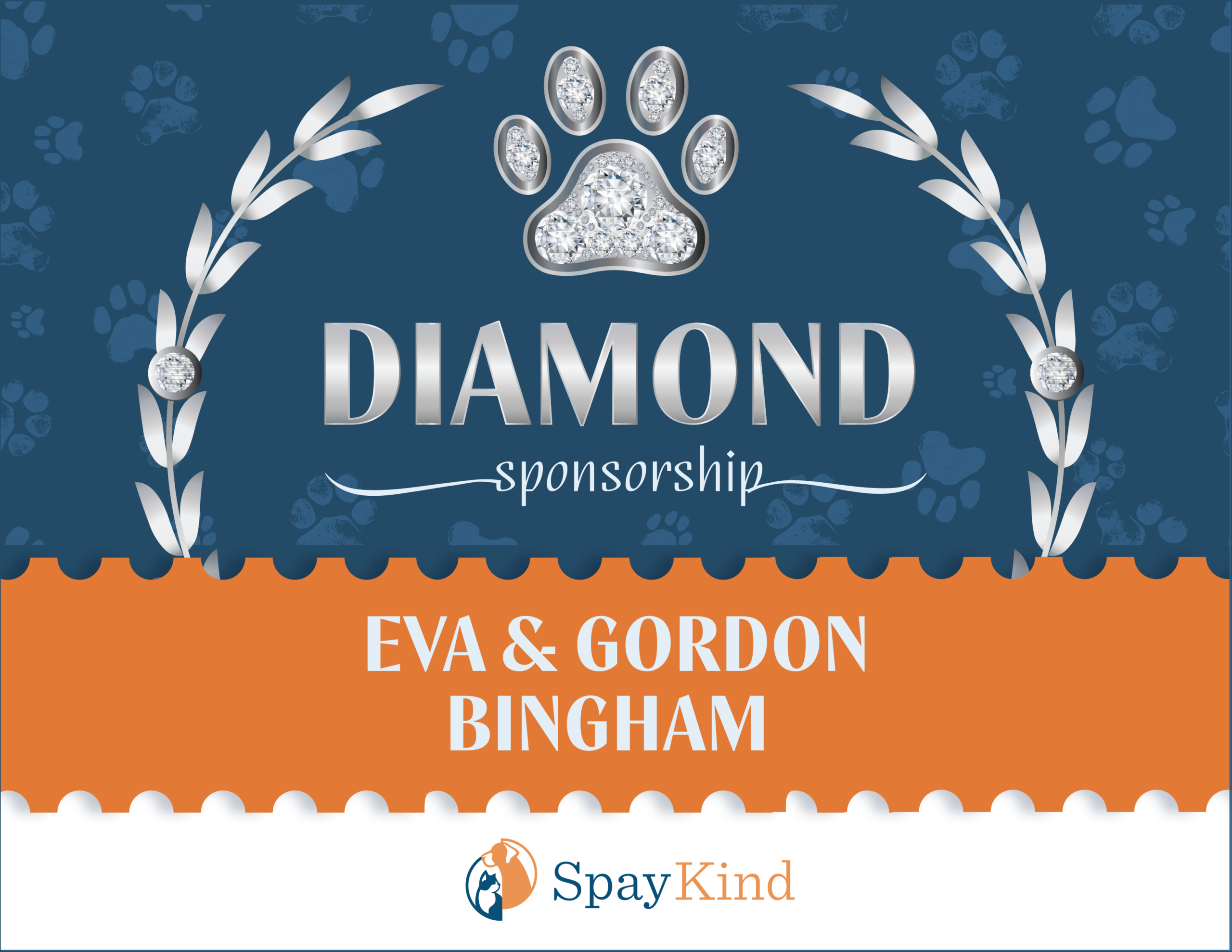 Diamond sponsorship banner featuring a diamond-studded paw print logo with decorative silver leaves on a blue background and paw prints motif.