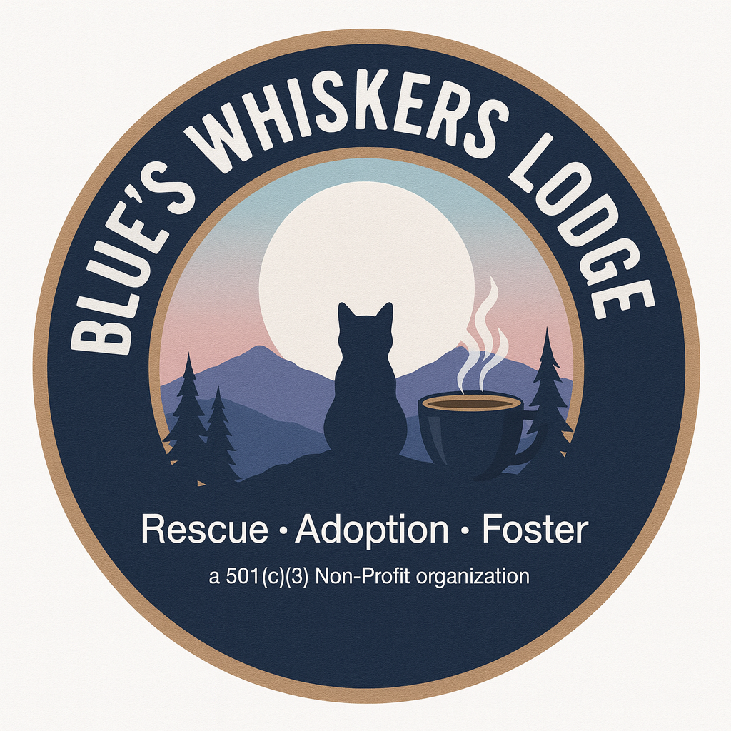 Logo for Blue's Whiskers Lodge, a cat rescue/nonprofit, featuring a dark circular badge with a cat silhouette, mountains, sun, and a steaming mug; text reads 'Rescue • Adoption • Foster' and 'a 501(c)(3) Non-Profit organization'