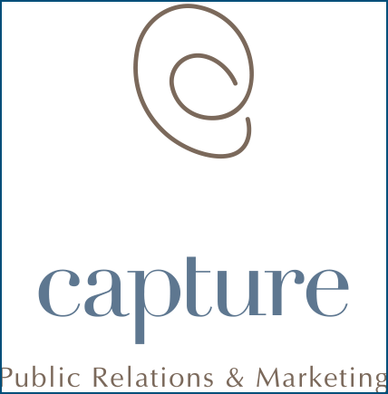 Logo for Capture Public Relations & Marketing: brown spiral icon above the blue word 'capture' with white cutouts and a beige tagline.