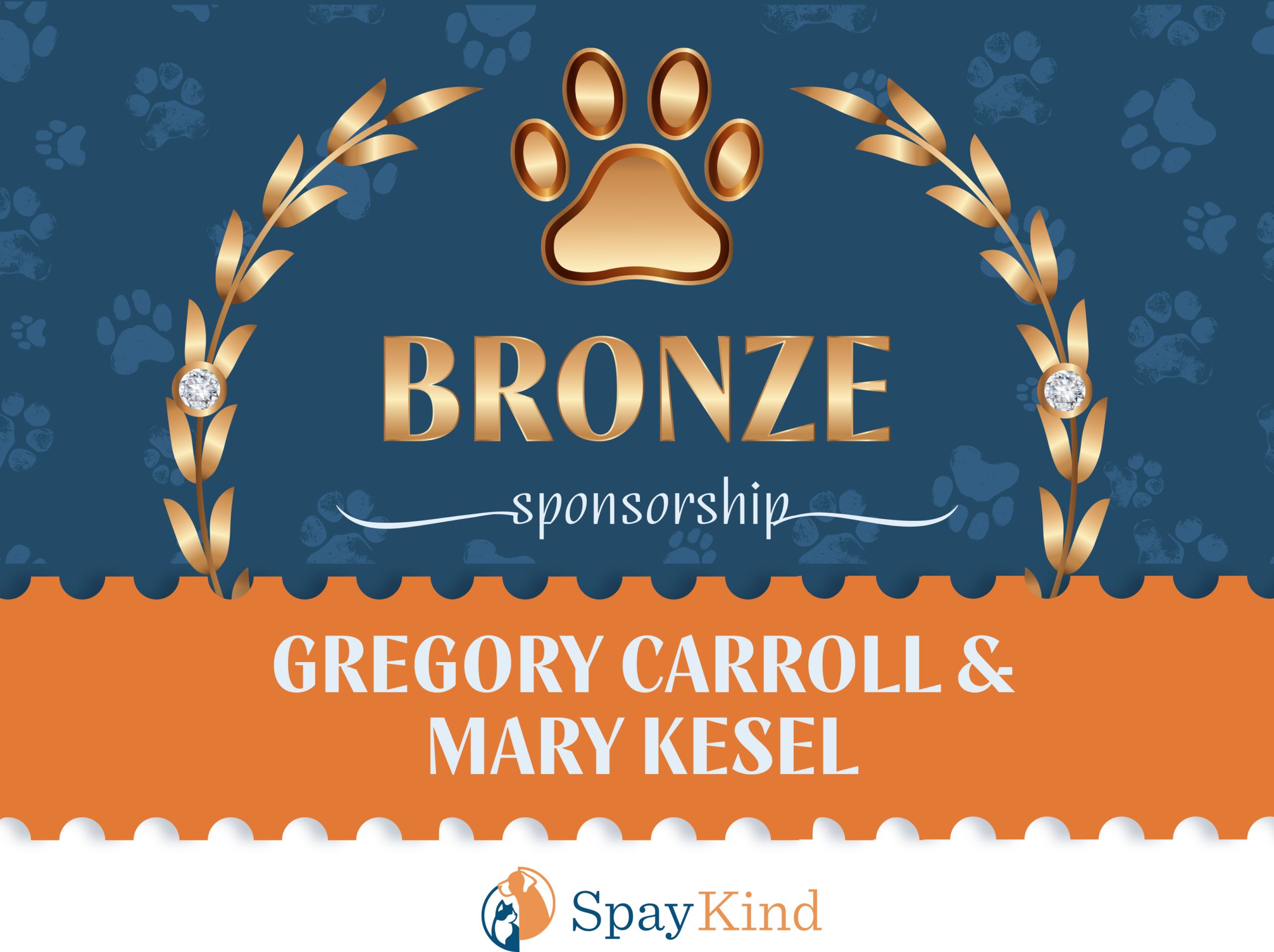 Bronze sponsor badge for SpayKind, with bronze paw emblem, gold laurel, and the word BRONZE on a blue background with paw prints.
