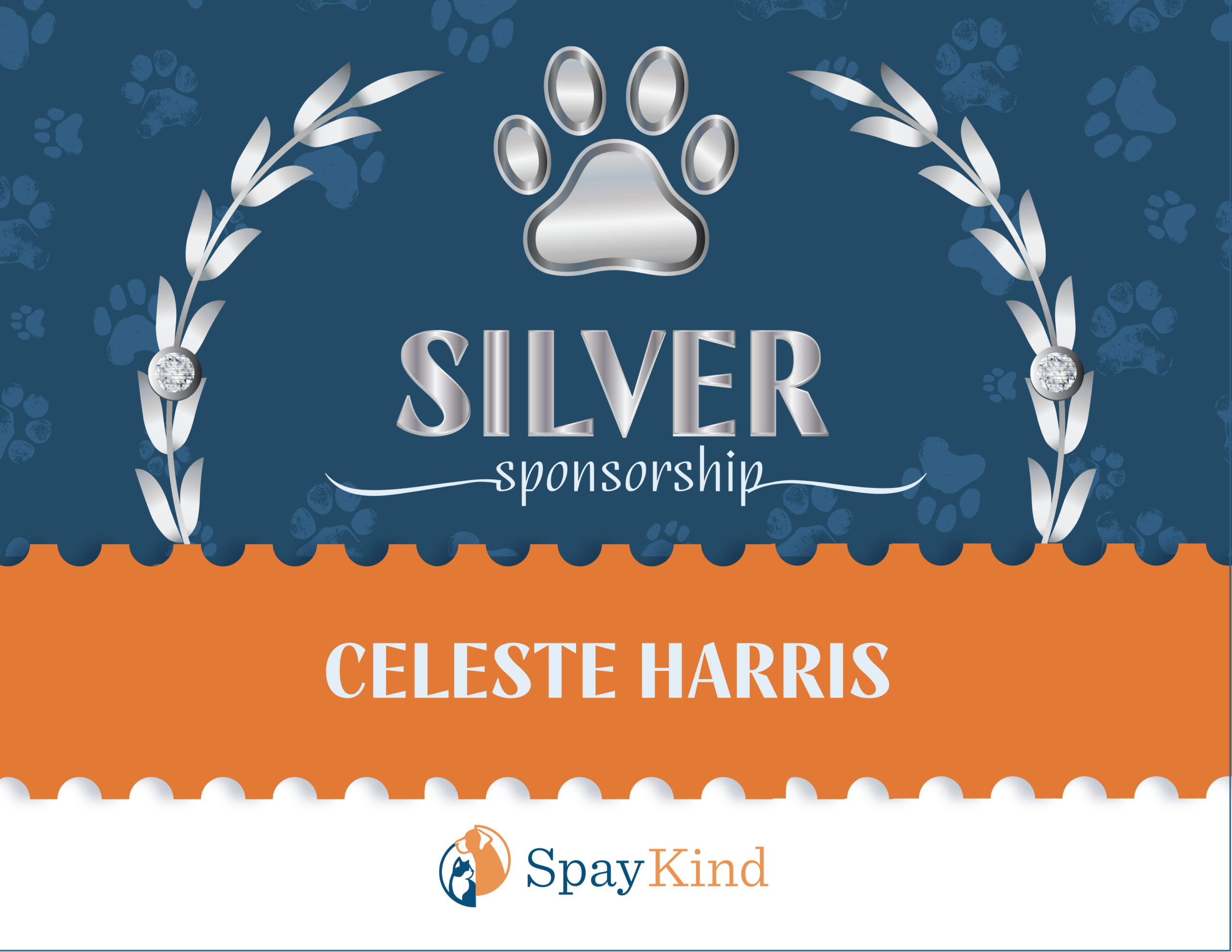 Event banner announcing Celeste Harris as Silver Sponsor for SpayKind, with silver paw emblem and decorative laurel leaves.