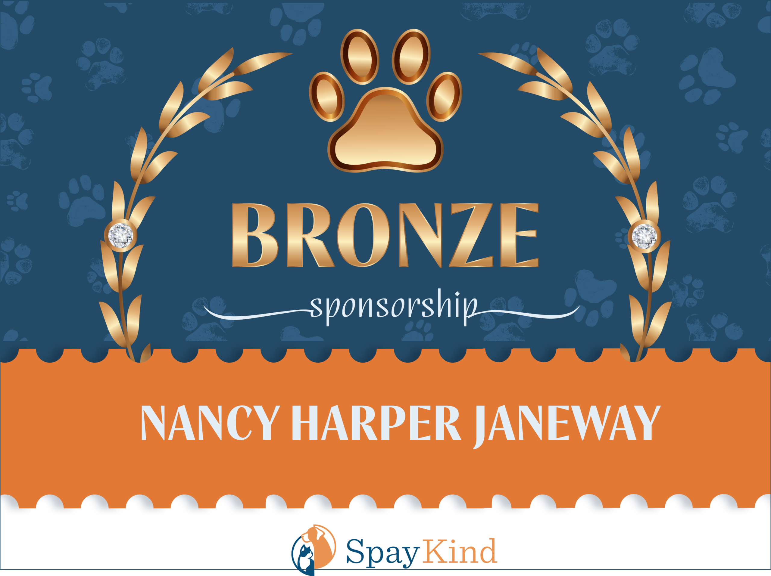 Bronze sponsorship banner featuring a gold paw print emblem, decorative laurel, and the word BRONZE in gold; sponsor names include Nancy Harper Janeway and SnowKind logo visible below.