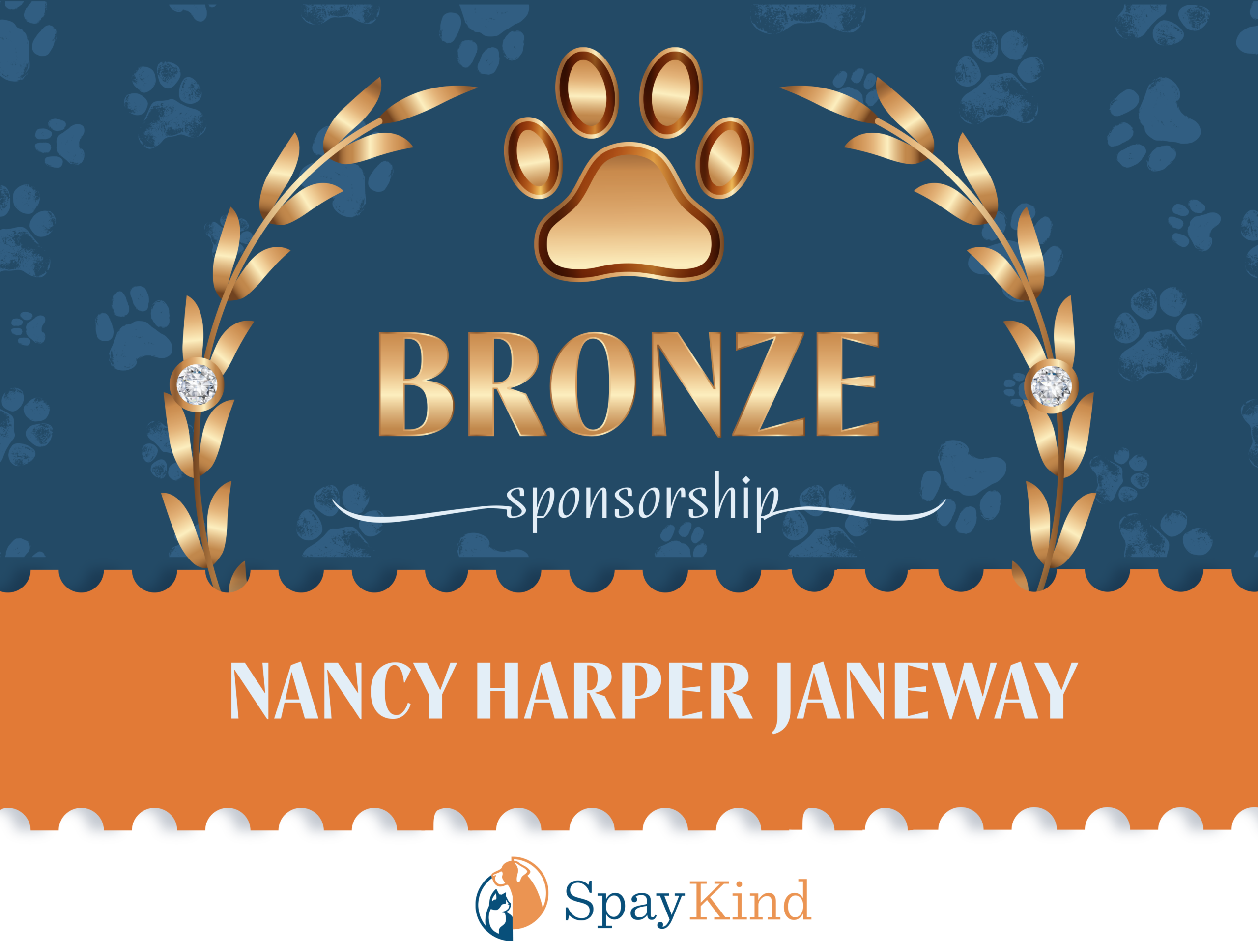 Bronze sponsor banner featuring a gold paw emblem, laurel branches, and the name Nancy Harper Janeway on a teal background.