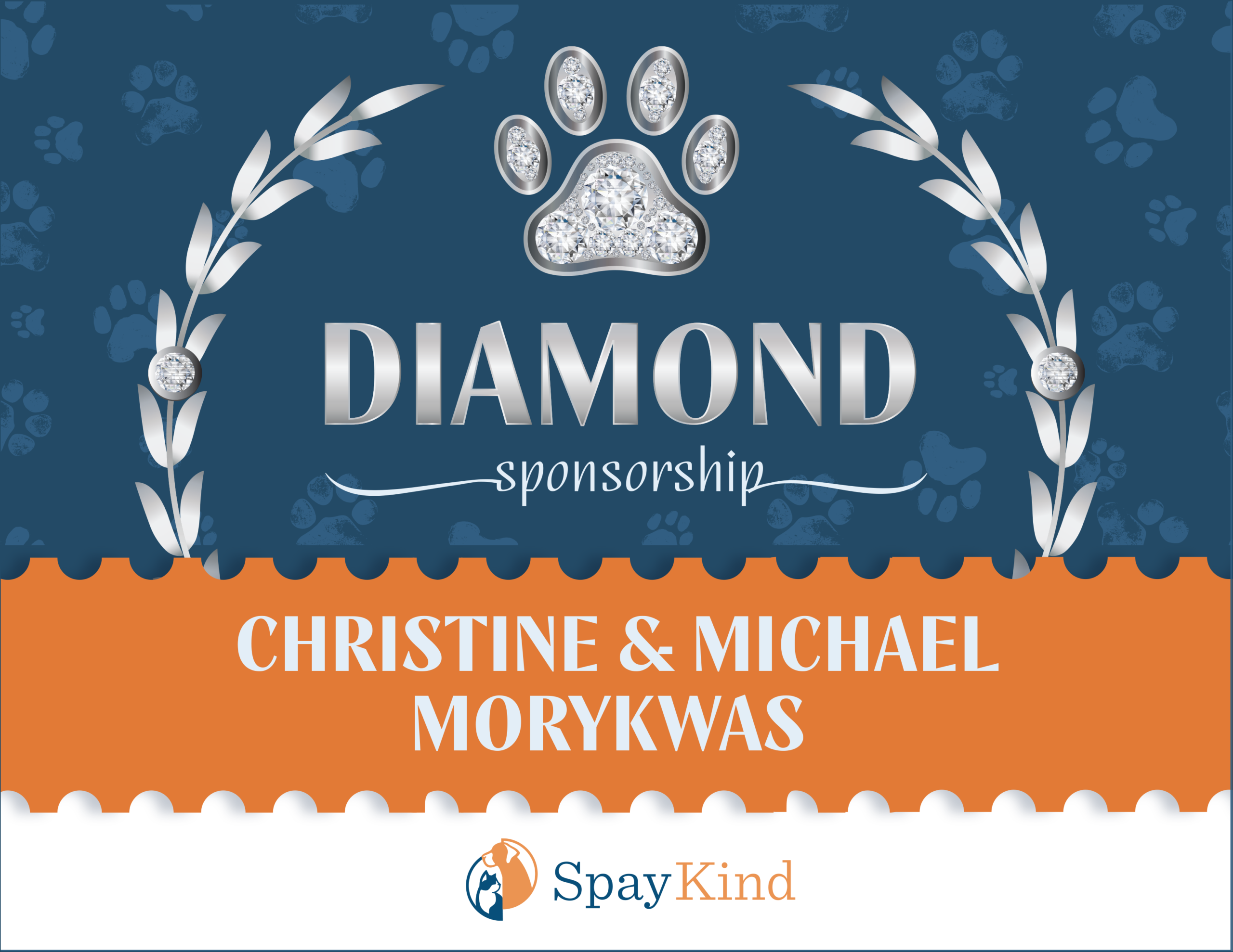 Banner announcing a diamond sponsorship with a diamond-paw logo and decorative silver leaves on a blue background.