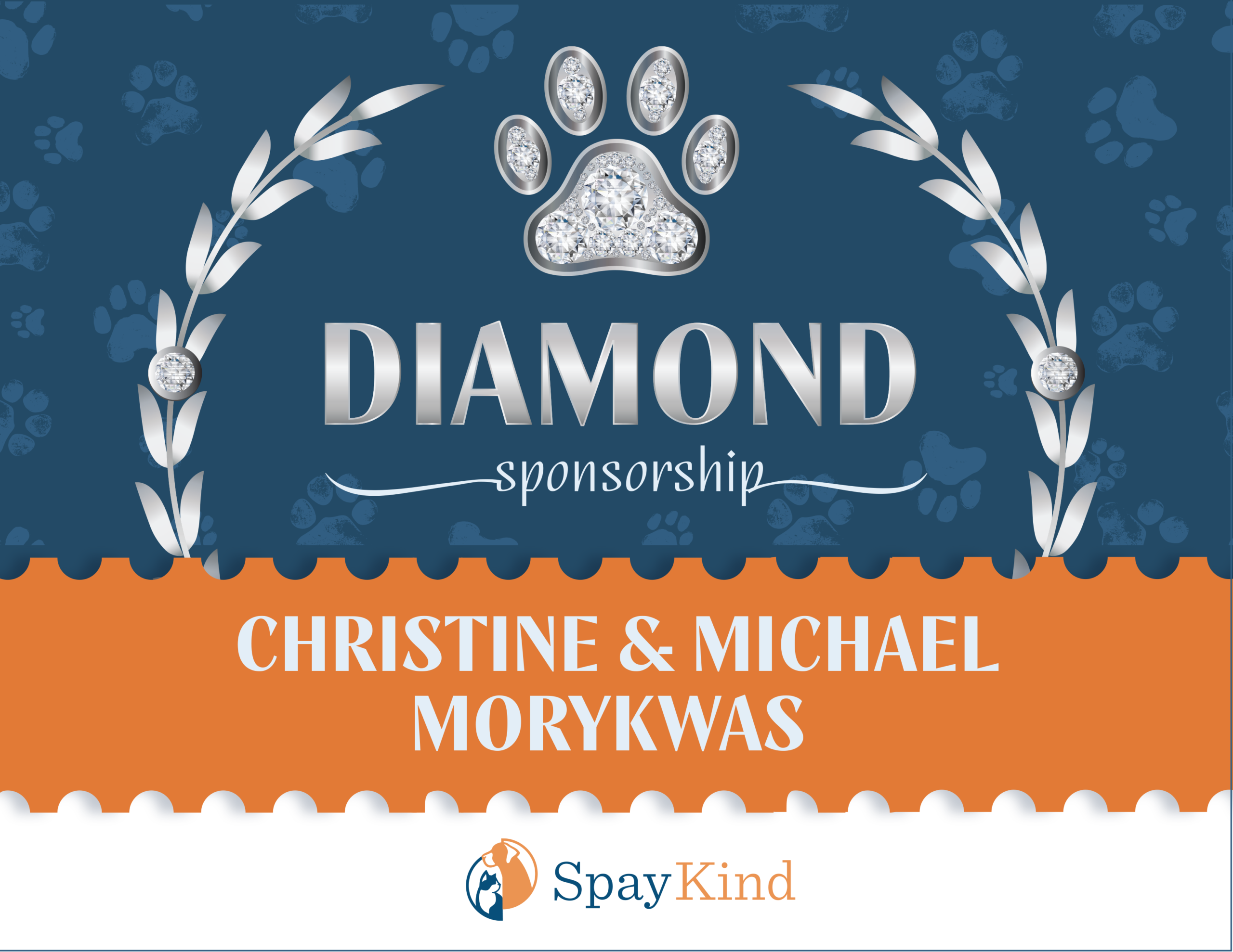 Diamond sponsorship banner featuring a diamond-paw emblem on a blue background with laurel accents and the SpayKind logo at the bottom.