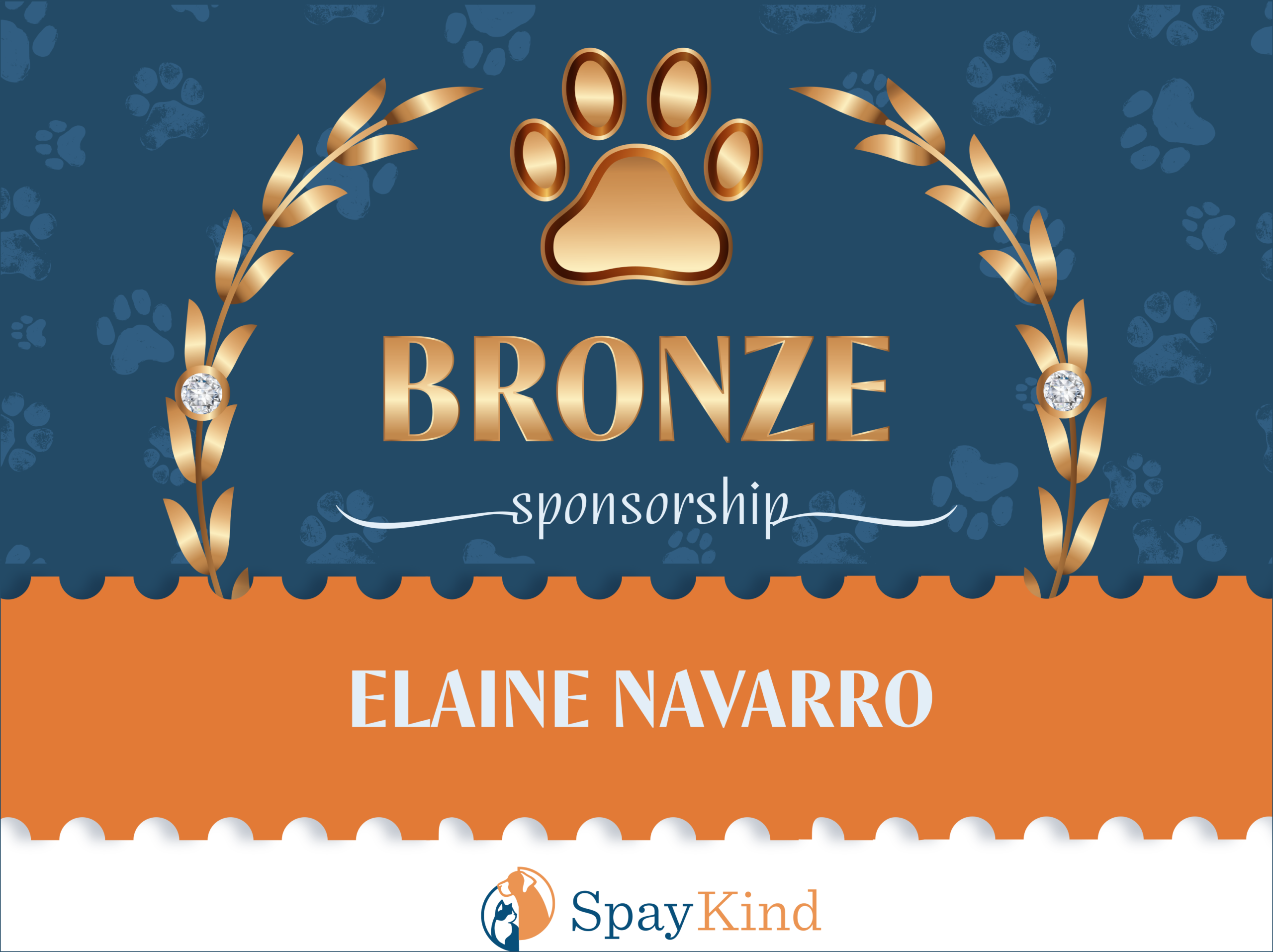 Bronze sponsorship banner featuring a gold paw print emblem, laurel wreaths, and the name Elaine Navarro on a blue background with the SpayKind logo below.