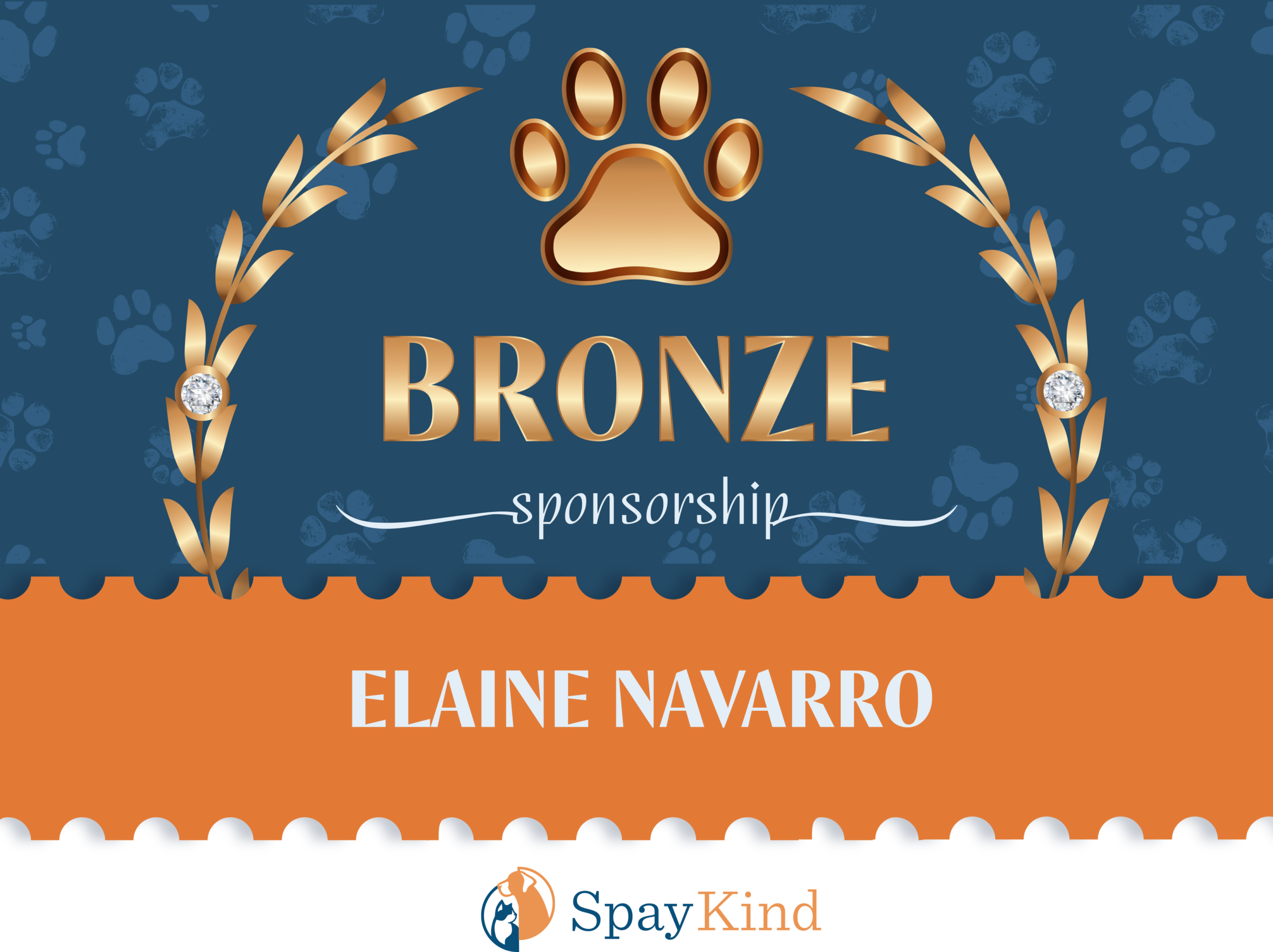 Bronze sponsor banner with gold paw emblem, laurel branches, and Elaine Navarro text on a teal backdrop with paw prints.