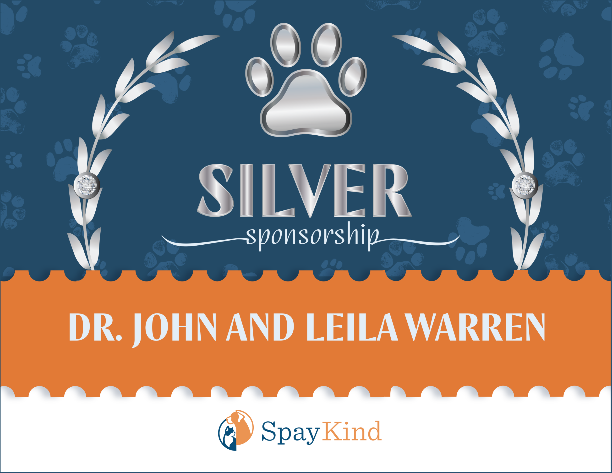 Blue event banner with a silver paw print emblem, laurel branches, and the words 'SILVER sponsorship' for a SpayKind event poster, on a paw-print patterned background.