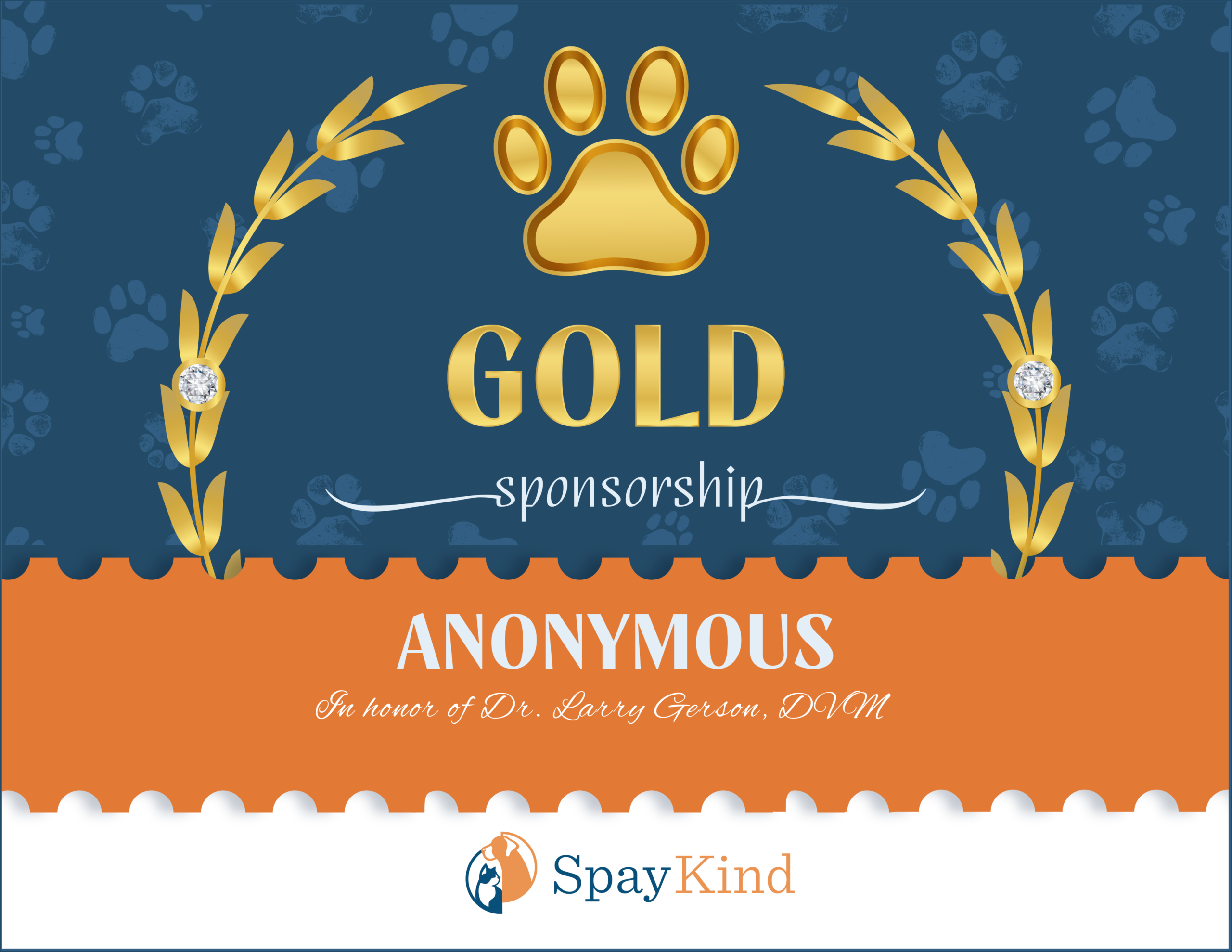 Gold paw print crest centered with laurel branches on a blue background; text reads GOLD and SPONSORSHIP with ANONYMOUS sponsor.