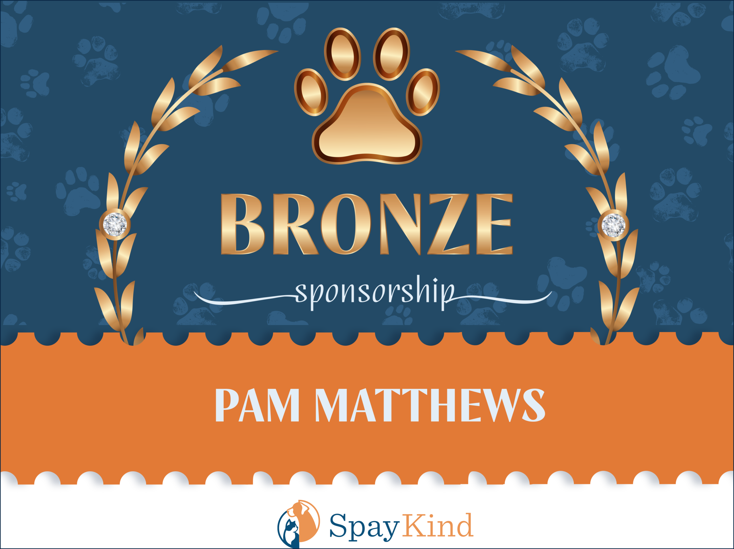 Bronze sponsorship banner featuring a gold paw emblem, laurel accents, and the name Pam Matthews.