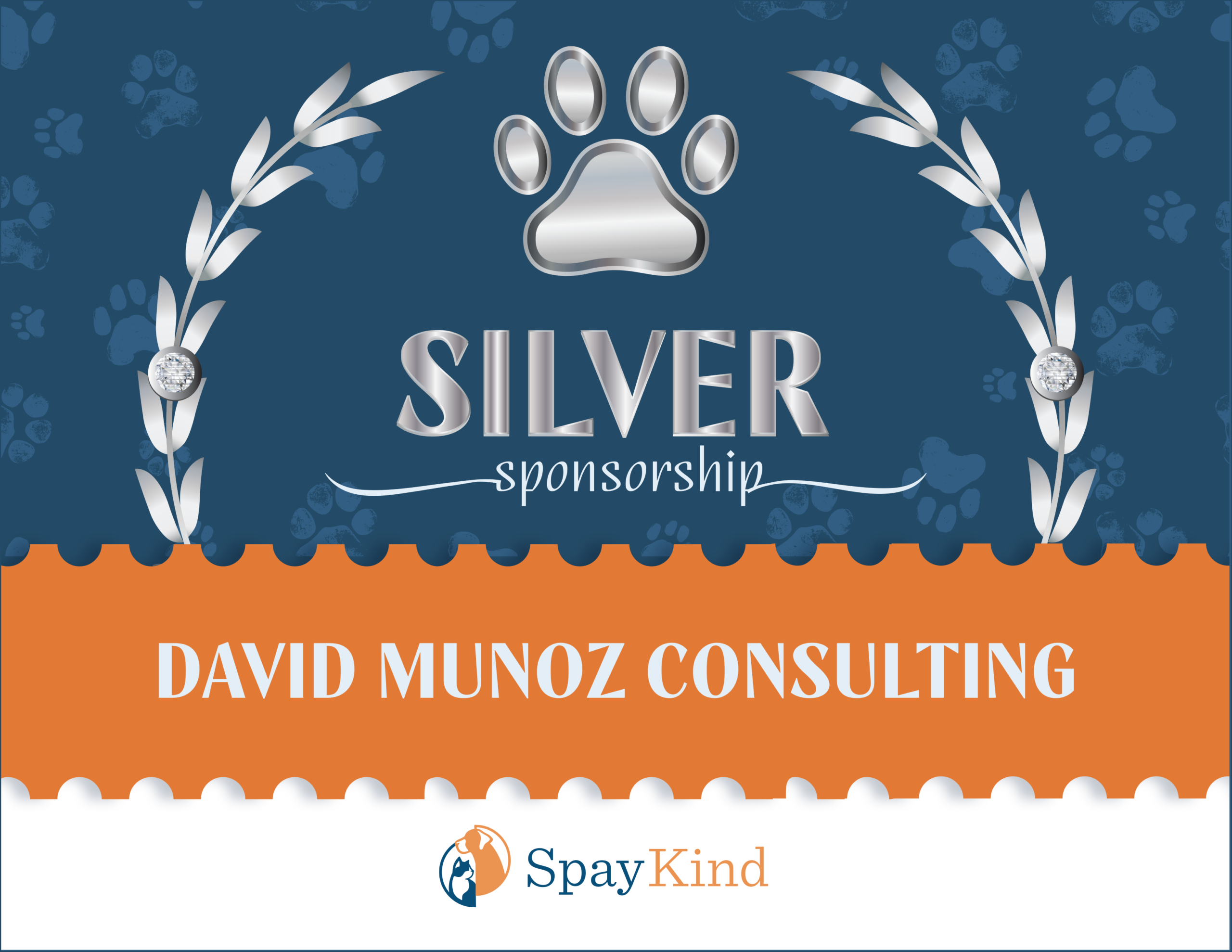 Silver sponsorship banner with paw-print background, silver laurel accents, and sponsor names SpayKind and David Munoz Consulting.