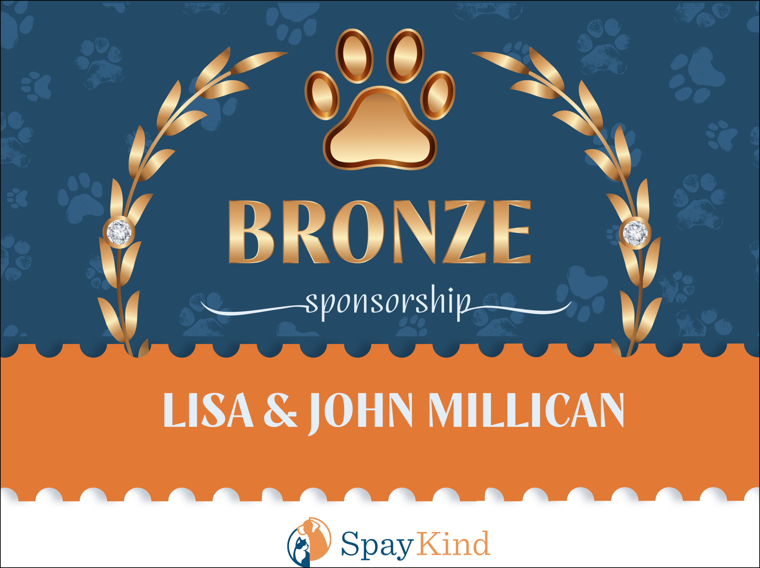 Bronze sponsorship banner with a gold paw print emblem, gold laurels, and the word BRONZE on a blue background; sponsors Lisa & John Millican.