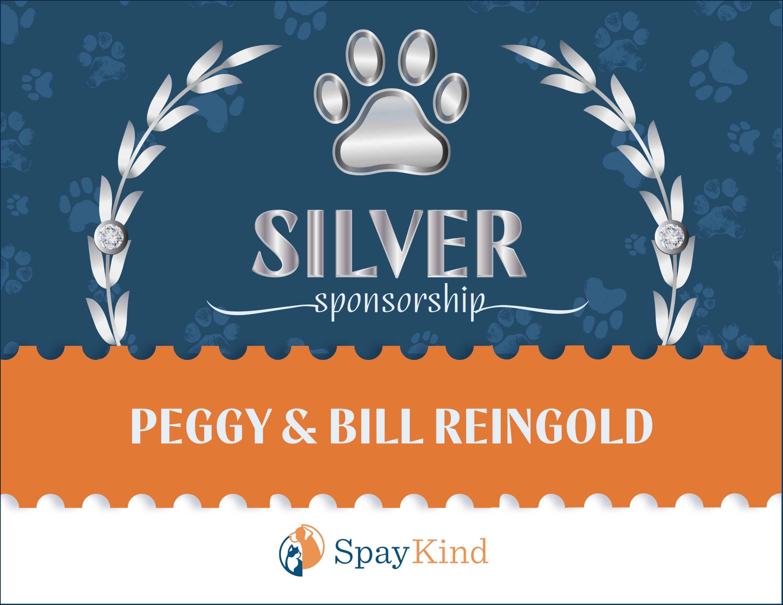 Sponsorship banner: blue background with a silver paw emblem, 'SILVER sponsorship', and donor names Peggy & Bill Reingold.