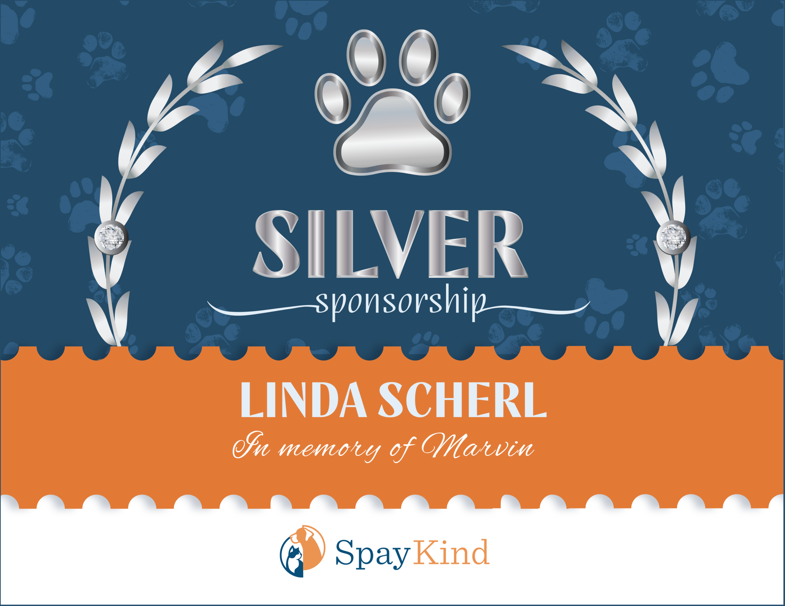Silver sponsorship banner featuring a metallic paw print emblem and laurel accents on a blue background, honoring Linda Scherl