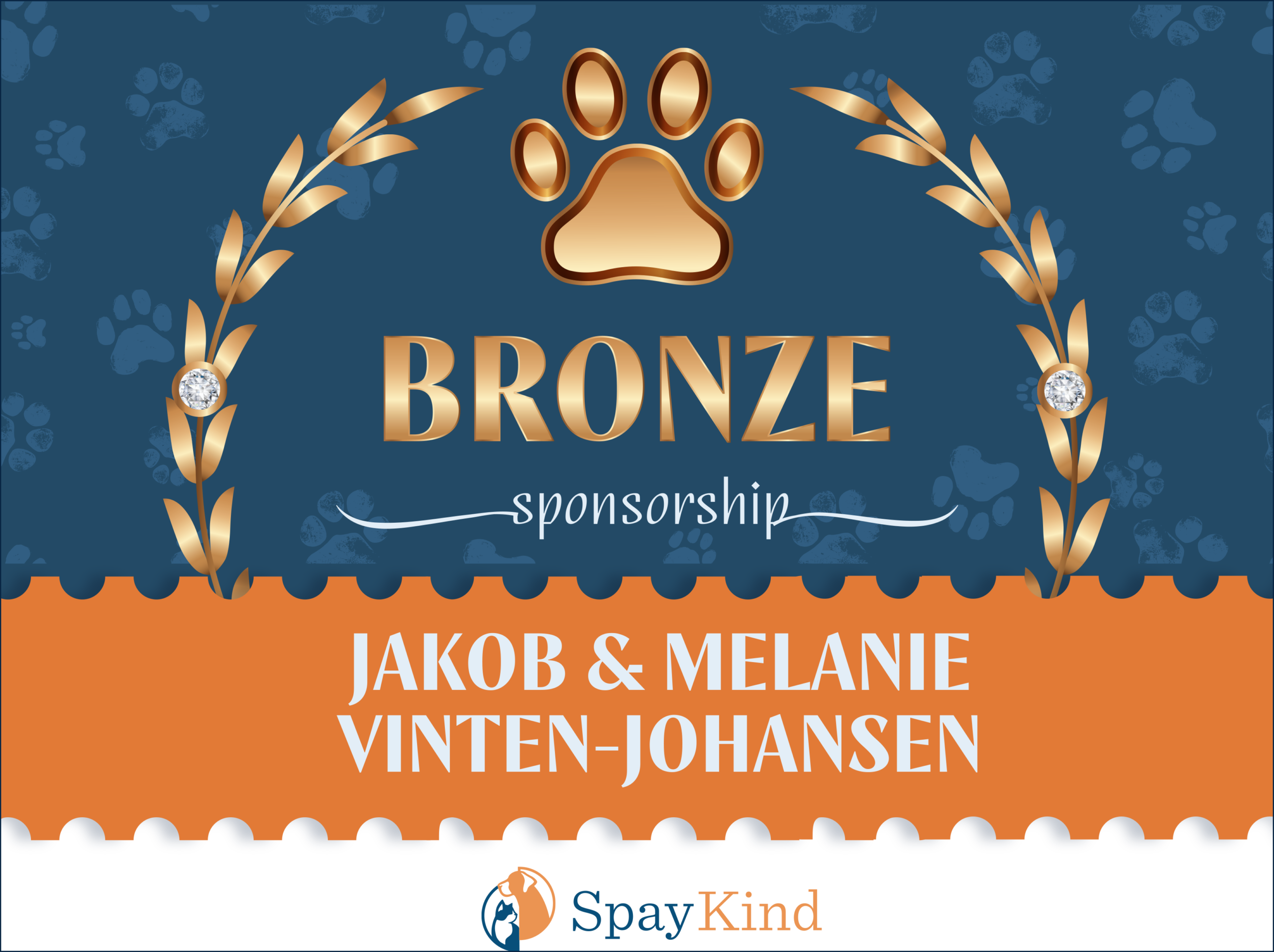 Bronze sponsorship banner featuring a gold paw print emblem, decorative laurel leaves, and the name Jakob & Melanie Vinten-Johansen on a blue background.