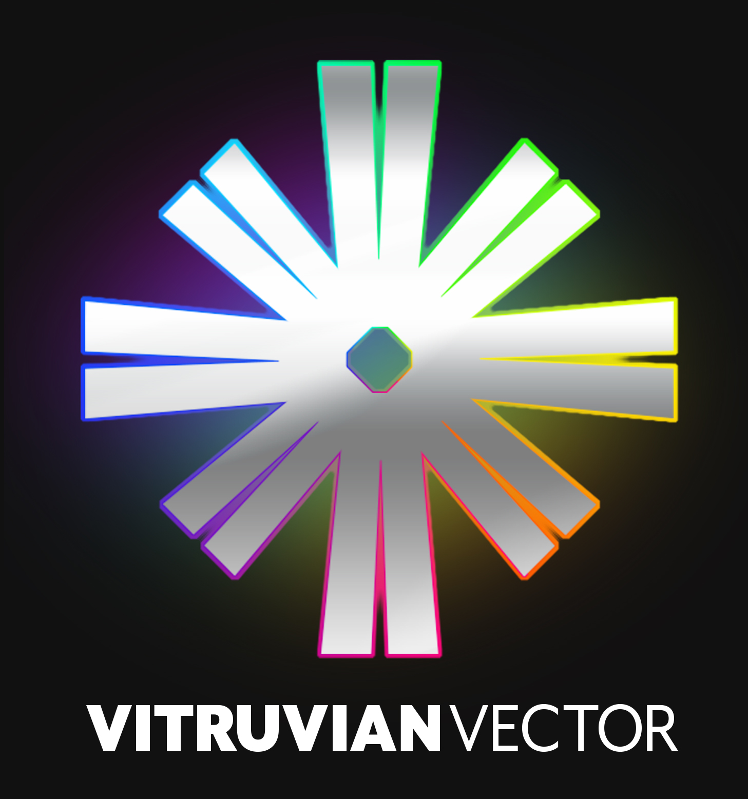 Abstract neon radial spokes in white with rainbow glow on a dark background, centered by a small polygon; bottom text reads 'VIT RUVIAN VECTOR'.