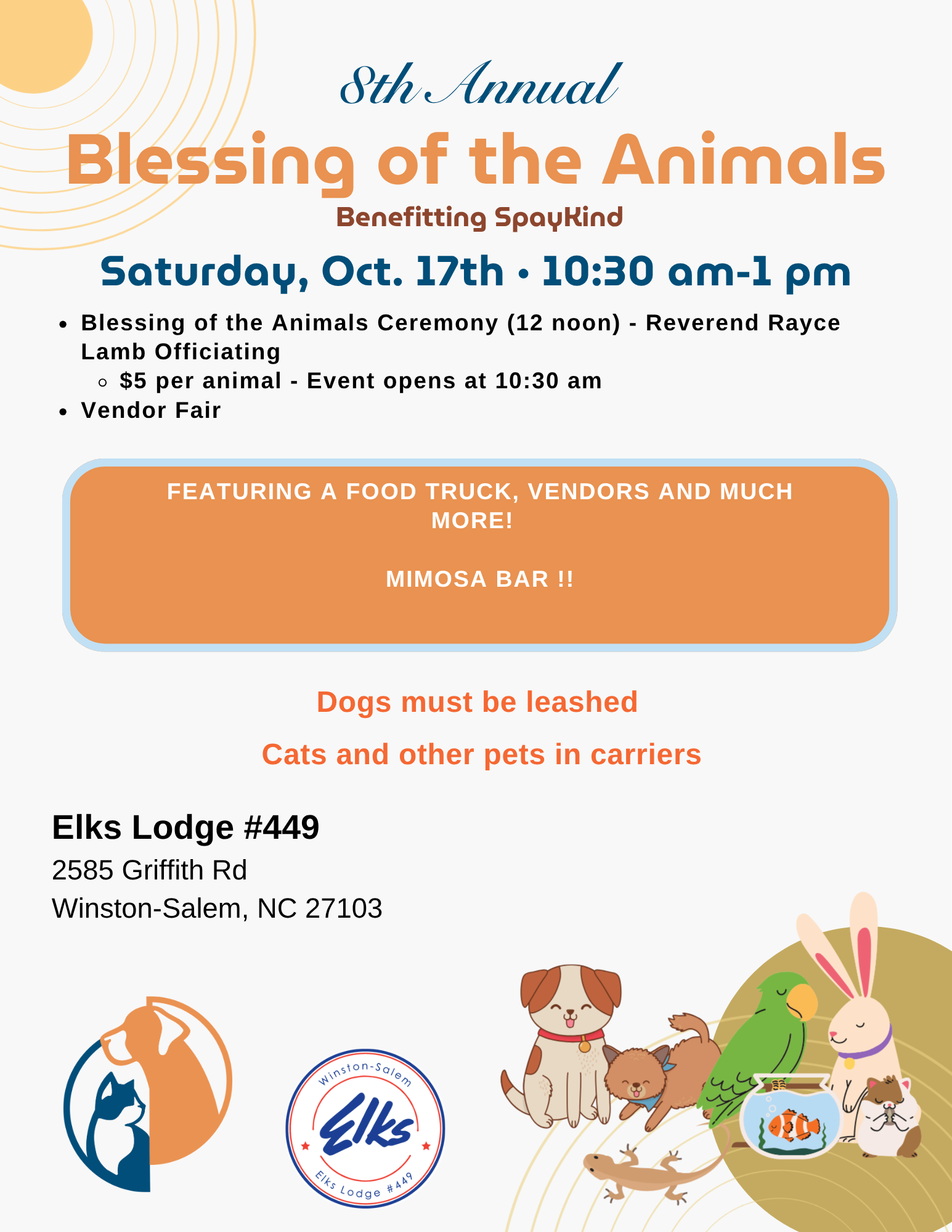 Flyer for the 8th Annual Blessing of the Animals with pets and event details benefiting SpayKind (date and time).