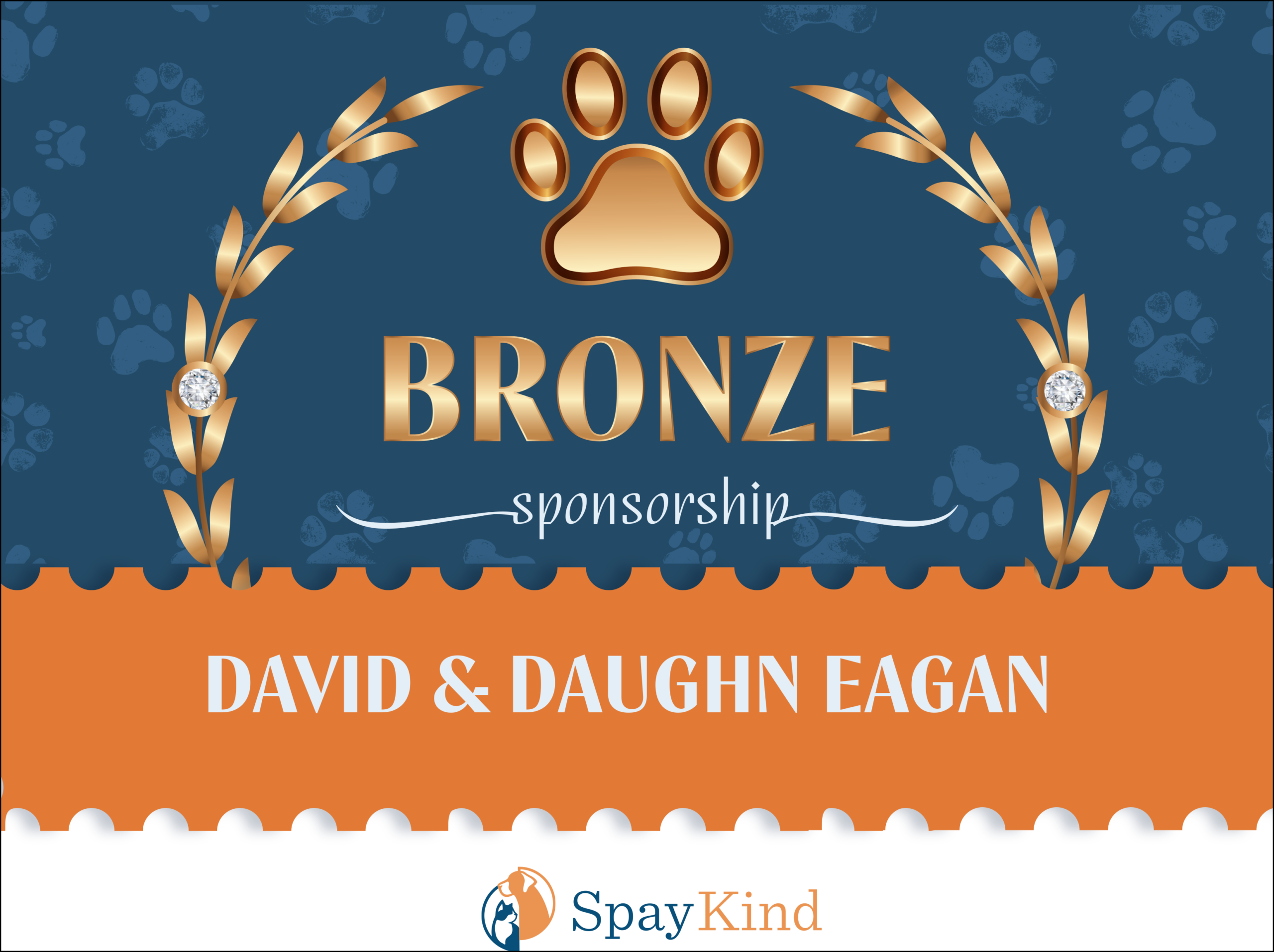 Bronze sponsor banner featuring gold-tone plant laurels, a bronze paw icon, and the word BRONZE on a blue background with paw print pattern and SpayKind branding underneath.
