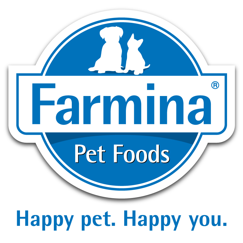 Farmina Pet Foods logo: blue circular badge with dog and cat silhouettes above a white banner reading 'Farmina Pet Foods' and the slogan 'Happy pet. Happy you.'