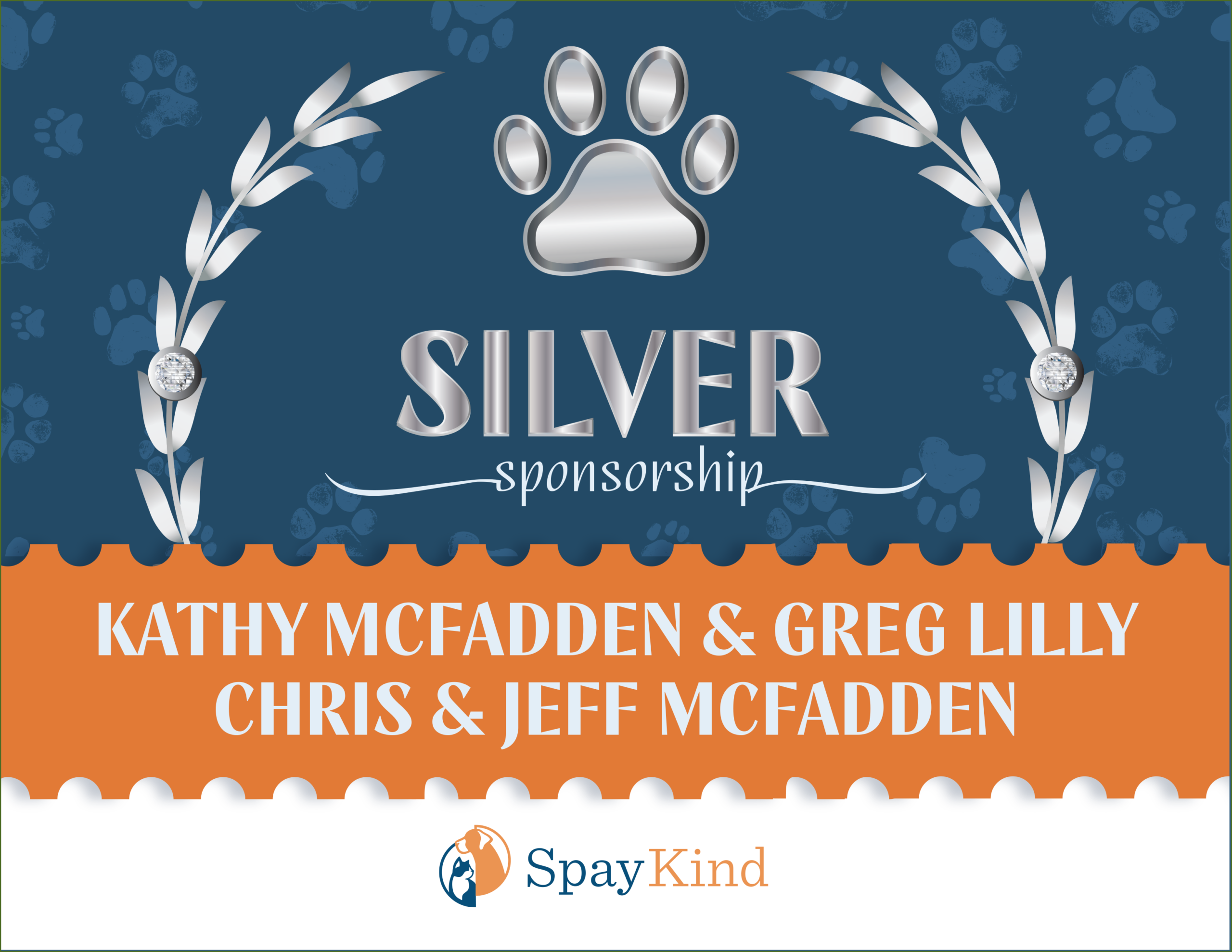 Blue banner with a silver paw emblem, 'SILVER sponsorship', decorative laurel branches, sponsor names Kathy McFadden & Greg Lilly, and the SnowKind logo.