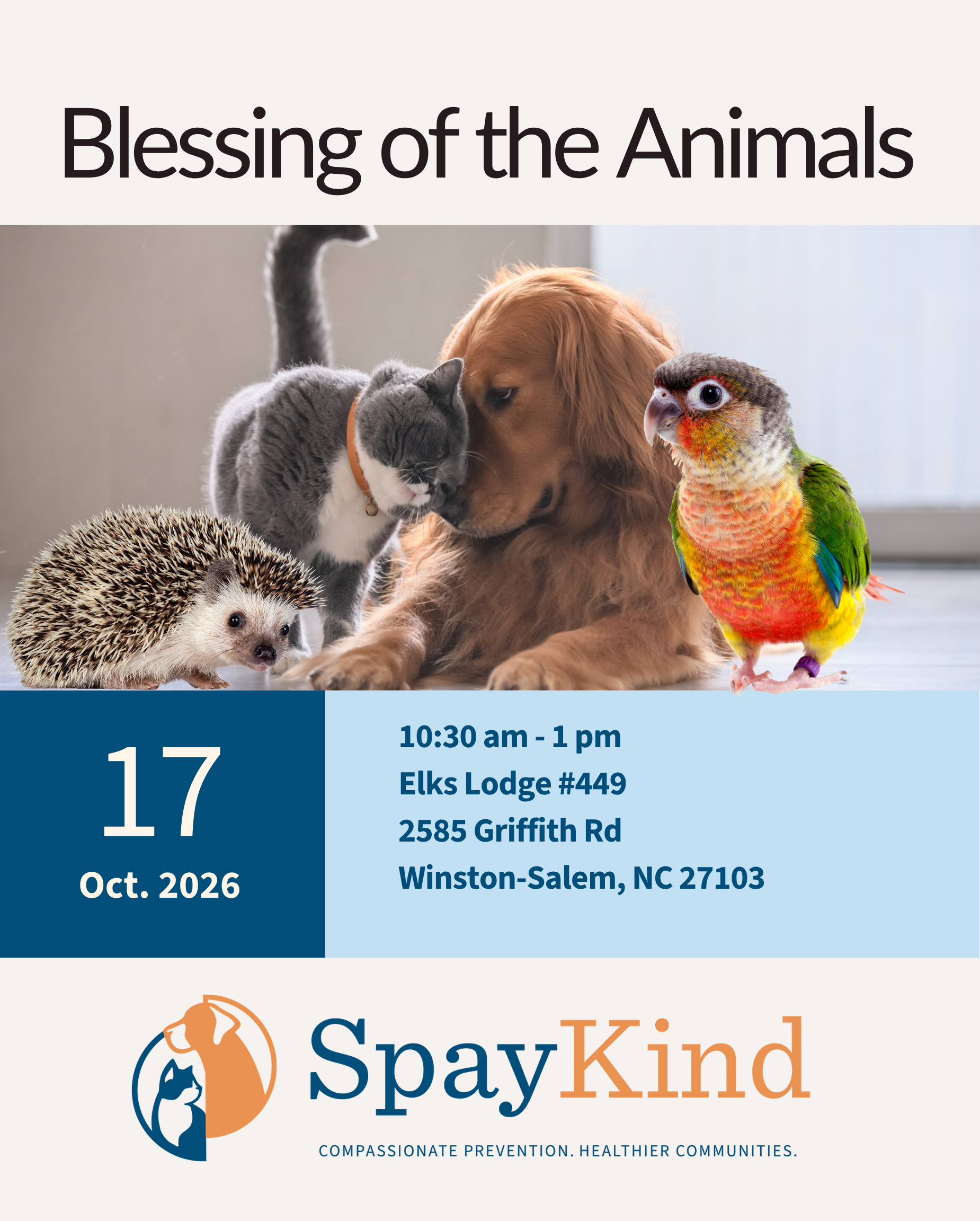 Poster for 'Blessing of the Animals' with a dog, cat, hedgehog and parrot; event details and Spay Kind logo. acronym: SpayKind included