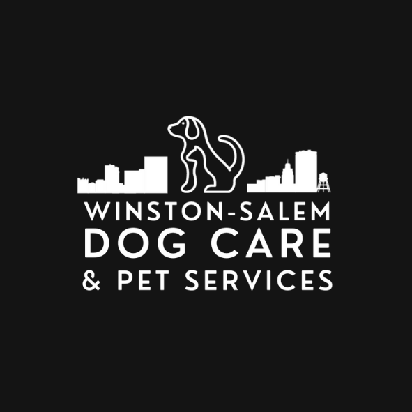 Logo for Winston-Salem Dog Care & Pet Services featuring a white dog outline above a city skyline on a black background.
