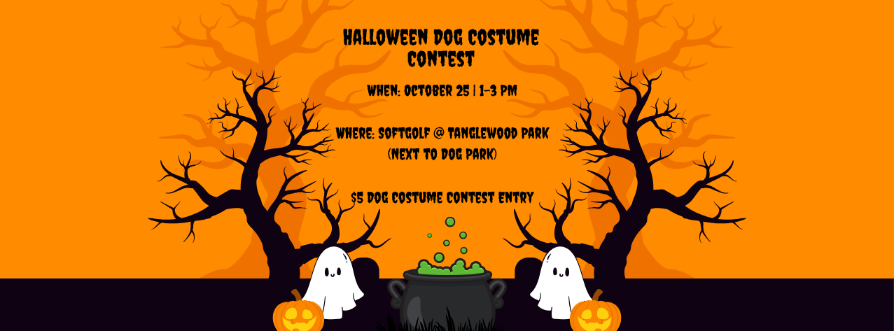 Halloween dog costume contest poster with ghosts, pumpkins, and a bubbling cauldron against an orange night sky; trees frame the scene to convey the event theme and vibe.