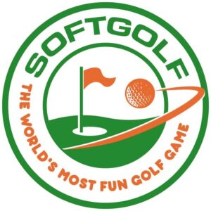 SoftGolf logo: green circular emblem with flagstick and hole, an orange golf ball and swoosh; text reads 'SOFTGOLF' around the top and 'The World's Most Fun Golf Game' around the bottom.
