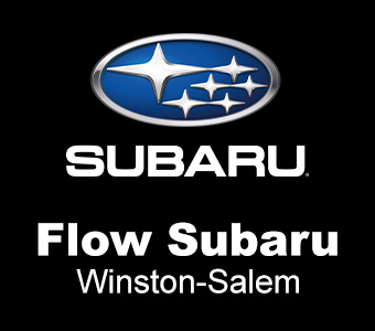 Subaru logo with blue oval emblem and 'Flow Subaru Winston-Salem' text on a black background.
