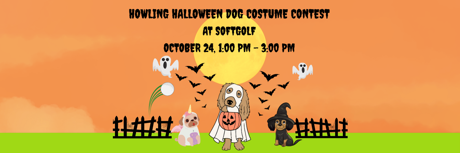 Poster for Howling Halloween Dog Costume Contest at SoftGolf featuring dogs in costumes, ghosts, bats, and a large sun on an orange sky backdrop.