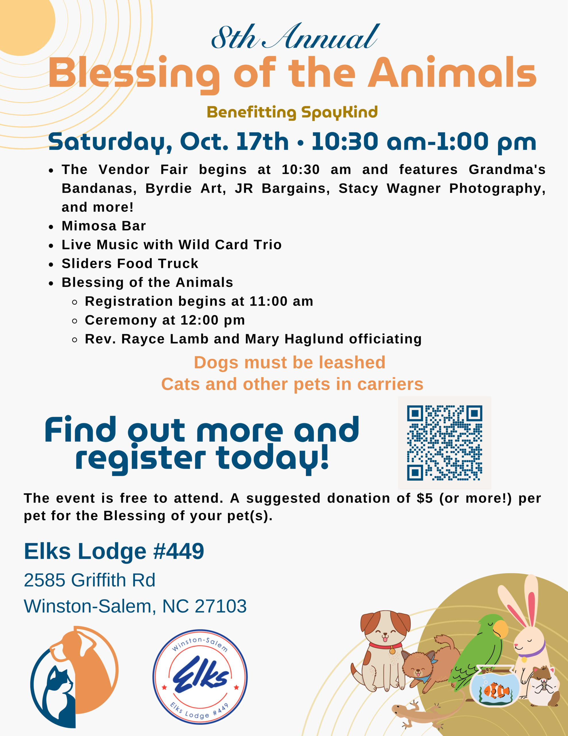 Poster announcing the 5th Annual Blessing of the Animals with date, time, and activities, plus a QR code for more info (cartoon animals border).